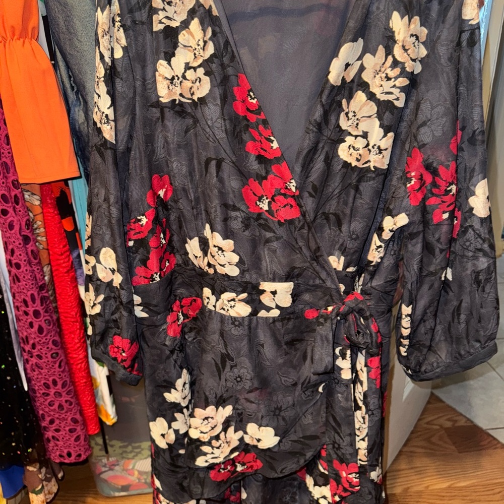 Floral Wrap Dress with Red and Cream Flowers